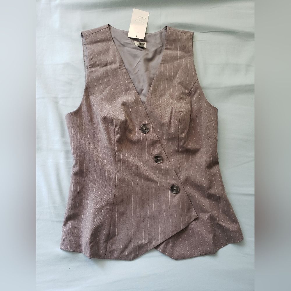 Lined Gray Pinstripe Single-Breasted Tailored Vest Asymmetric Blazer Preppy Mod